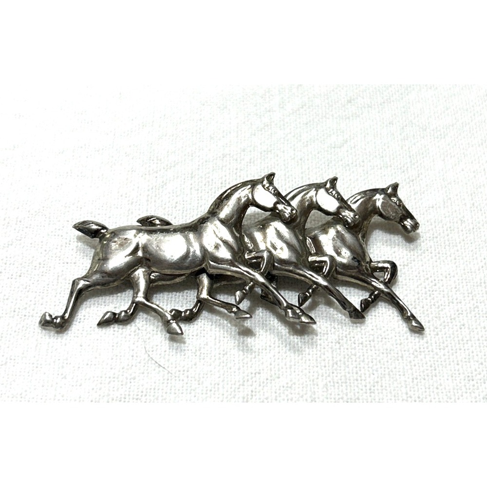 Vintage Sterling Silver 3 Running Horses Brooch Pin Equestrian 2.5" L